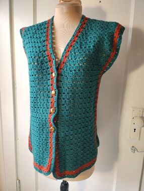 Vintage Green and Red V-Neck Crochet Sweater Vest